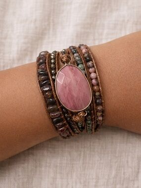 Boho Wrap Bracelet Pink Rhodonite Stone Multi Strand Beaded | Chan Luu Style